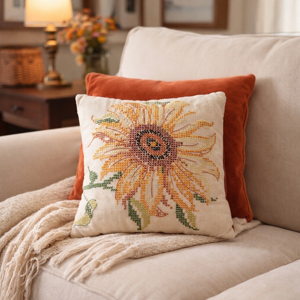 Vintage Hand Embroidered Sunflower Pillow 12” x 12” Cross Stitch Floral Linen
